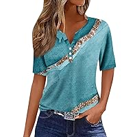 Womens Fashion Tops V Neck Button Up Novelty Print Fitted Shirts Short Sleeve Casual Plus Size Blouses