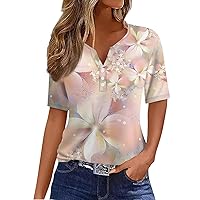 Womens Tops Dressy Casual Casual Floral Print V-Neck Short Sleeve Decorative Button T-Shirt Top