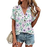 Summer Tops for Women 2024 Trendy, Fashion Women's Loose Plain V Neck Button Short Sleeve Casual Business, S XXL
