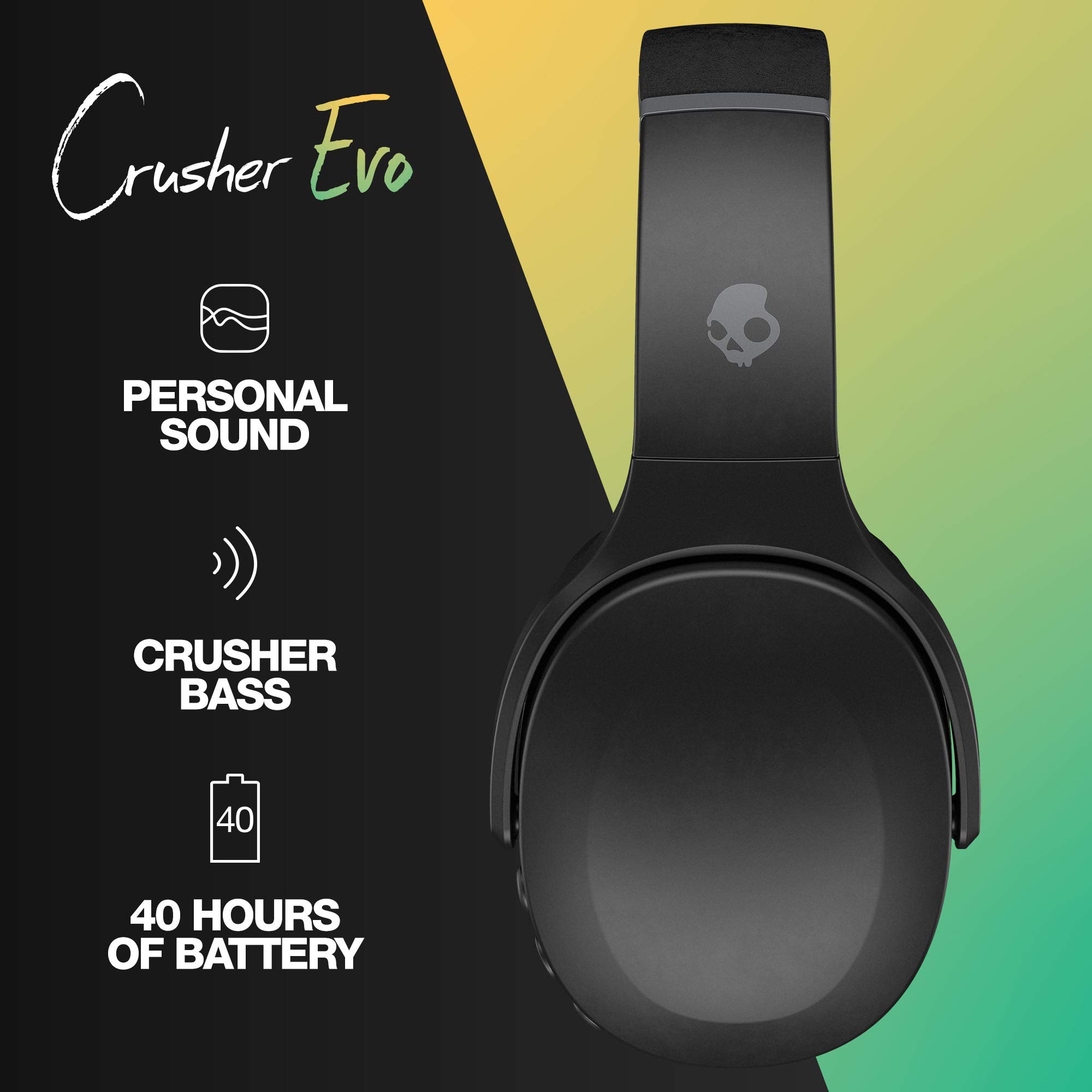 Skullcandy Crusher Evo Wireless Over-Ear Bluetooth Headphones with Microphone, for iPhone and Android, 40 Hour Battery Life, Extra Bass Tech - Bonus Line USB-C Cable,Black
