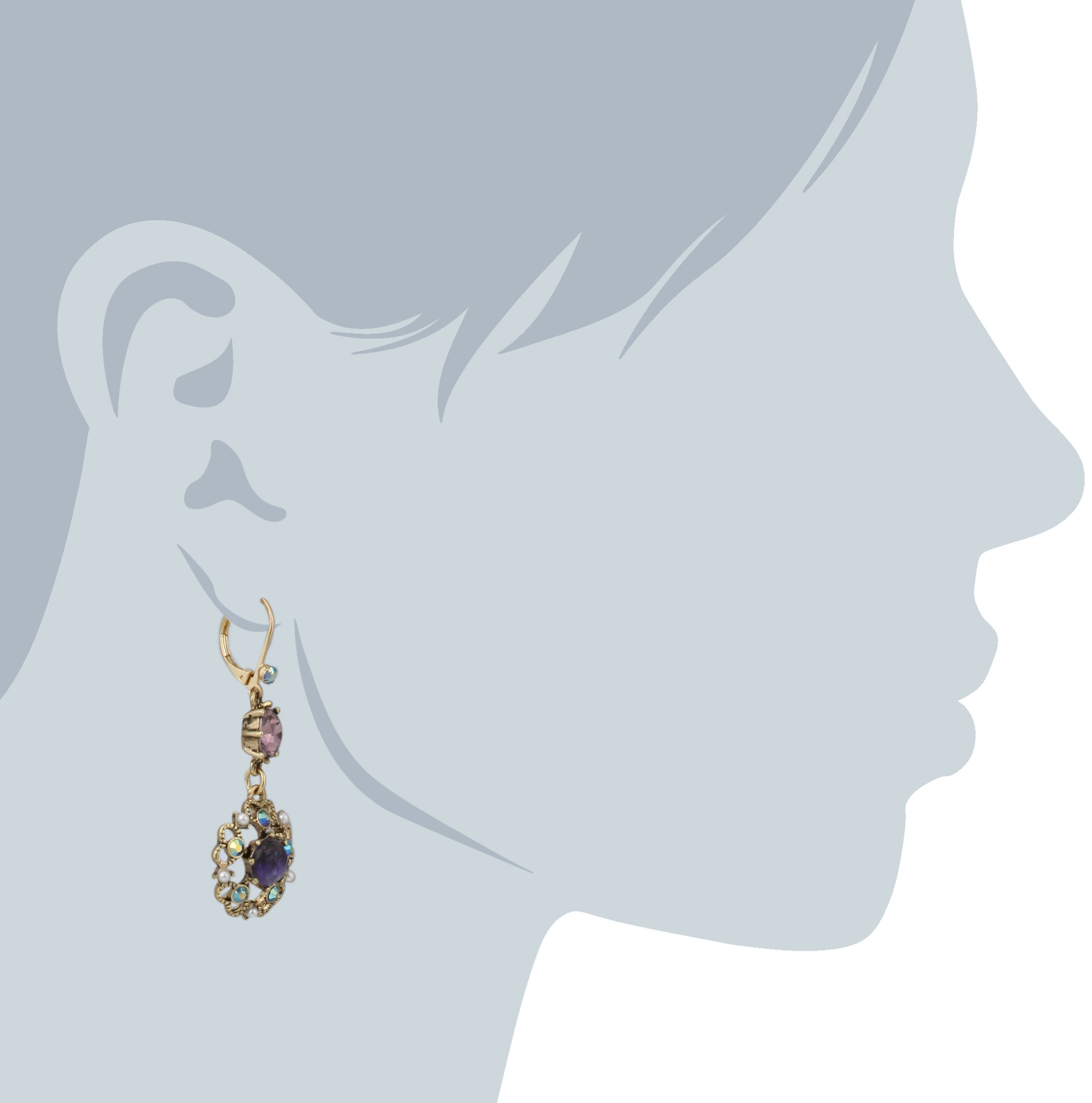 Betsey Johnson Carved Flower Medallion & Crystal Gem Drop Earrings,Purple