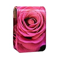 Rose Flower Blossom Lipstick Case With Mirror Lip Gloss Holder Portable Lipstick Storage Box Travel Makeup Bag Mini Leather Cosmetic Pouch Holds 3 Lipstick