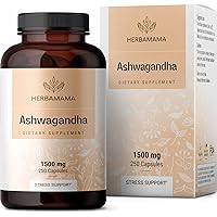 HERBAMAMA Ashwagandha Capsules - Stress Support, Deep Sleep, Focus & Natural Energy Supplements - Organic Withania Somnifera Root for Thyroid & Adrenal Support - 1500mg Non-GMO, Vegan 250 Caps