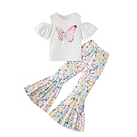 WDIRARA Girl's 2 Piece Butterfly Print Cold Shoulder Short Sleeve Clothing Sets with Flared Pants
