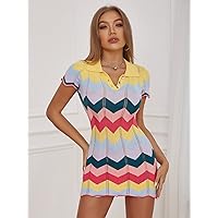 TLULY Sweater Dress for Women Chevron Pattern Polo Neck Bodycon Sweater Dress Sweater Dress for Women (Color : Multicolor, Size : Small)