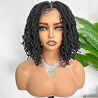 SOKU Short Curly Faux Locs Lace Frontal Wig 16 Inch Natural Black 4x4 Large Parting Space Twist Dreadlock Wigs for Balck Women Afro Curly Braided Synthetic Wig