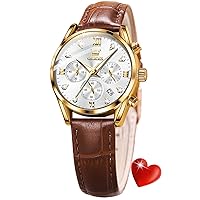 OLEVS Womens Watches Brown Leather Straps Rose Gold Ladies Quartz Chronograph Elegant Luxury Dress Waterproof Date Wrist Watch