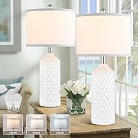 25.5in Ceramic Table Lamps Set of 2, Modern White Table Lamps for Bedroom Living Room with 3 Color Temperature - 3000K/4000K/6000K, Coastal Lamps for Nightstand Bedside with 2 LED Bulbs, 9W