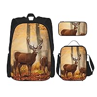 3 Pcs White Tail Deer in Autumn Print Backpack Sets Casual Daypack with Lunch Box Pencil Case for Women Men