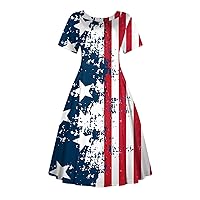 4Th of July Dress Women, Womens Casual Vintage Printed Short Sleeve Waisted Midi Long Flowy Dresses Dress, S, 5XL