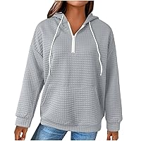 Waffle Hoodies for Women Oversized Quarter Zip Pullover Hooded Sweatshirts Casual Long Sleeve Drawstring Tops with Pockets