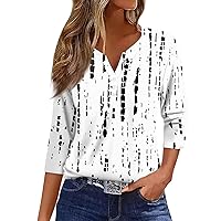 Womens 3/4 Sleeve Tops 2024 Summer Casual Button Up Blouses Three Quarter Sleeve Tops V Neck Print Pullover T Shirts