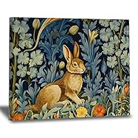 WoGuangis Vintage Chinoiserie Flower Bunny Easter Canvas Wall Art Print Forest Rabbit Floral Art Painting Wall Art Canvas Print Chinoiserie Asian Art Print for Living Room Bedroom 8x10in