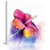 Canvas Wall Art Summer Hibiscus Purple Pink Gradient,Oil Painting Prints Artworks Picture Stretched and Framed,Watercolor Flowers Wall Decor for Living Room/Bedroom/Kitchen/Bathroom 8x8In