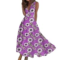 Womens Dresses,Women's Long Maxi Dress Casual Summer Sleeveless V Neck Waist Retro Boho Printed Sundresses