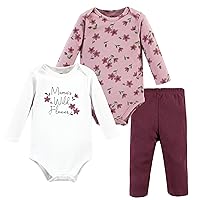 Hudson Baby baby-girls Unisex Baby Cotton Bodysuit and Pant Set, Plum Wildflower, 0-3 Months