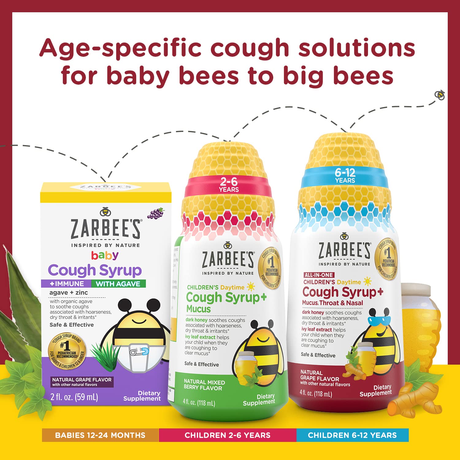 Zarbee's Kids All-in-One Day/Night Cough Value Pack for Children 6-12 with Dark Honey, Turmeric, B-Vitamins & Zinc, 1 Pediatrician Recommended, Drug & Alcohol-Free, Grape Flavor, 2x4FL Oz