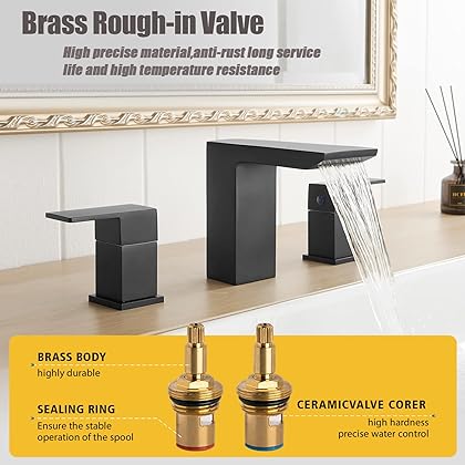 BESy Matte Black Bathroom Faucet 3 Holes Two Handles Lavatory Vanity Sink Faucet Widespread 8 Inch Bathroom Sink Faucet, Waterfall Bathroom Sink Faucet With Supply Hoses, Basin Brass Faucet Mixer Taps