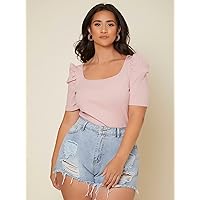 Plus Size Womens Tops Plus Ribbed Knit Scoop Neck Puff Sleeve Tee (Color : Dusty Pink, Size : 4X-Large)