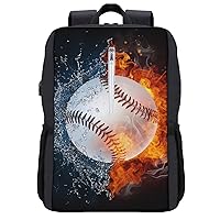 Baseball Ball in Fire and Water Laptop Backpack Durable Shoulder Bag Travel Daybag with USB Charging Port