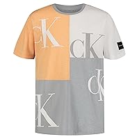 Calvin Klein Boys' Short Sleeve Graphic Crew Neck T-Shirt, Soft, Comfortable, Relaxed Fit, Block Party Quarry, 14-16
