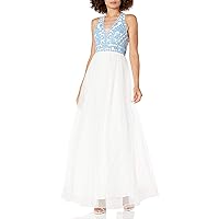 Blondie Nites Women's Long v Neck Ballgown with Emroidered Bodice, Ivory/Blue, 7
