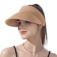 Sun Visor Hat for Women Straw Large Brim Hats for Women UPF 50+ Summer Packable Ponytail Beach Hats for Women Travel