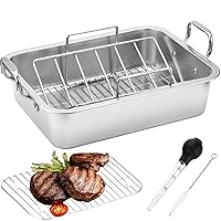 15 Inch Stainless Steel Roasting Pan with V-Shaped Rack and Turkey Baster - Rectangular Roaster for Turkey, Chicken, Vegetables - Fits 20lb Turkey