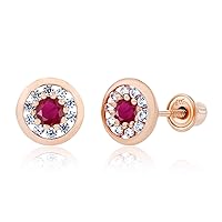 Solid 14K Gold 6mm Circle Natural Birthstone Screwback Stud Earrings For Women | 2.50mm Round Birthstone | 1mm Created White Sapphire Pave Circle Screwback Earrings For Women and Girls