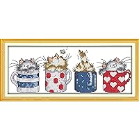 Stamped Cross Stitch Kits 11CT 3 Strands Full Range of Crossstitching Kits Preprinted Easy Patterns for Girls Crafts DMC Printed Cross-Stitch Kits for Beginner- Cats hide in the cups，14.6x6.7(inch)