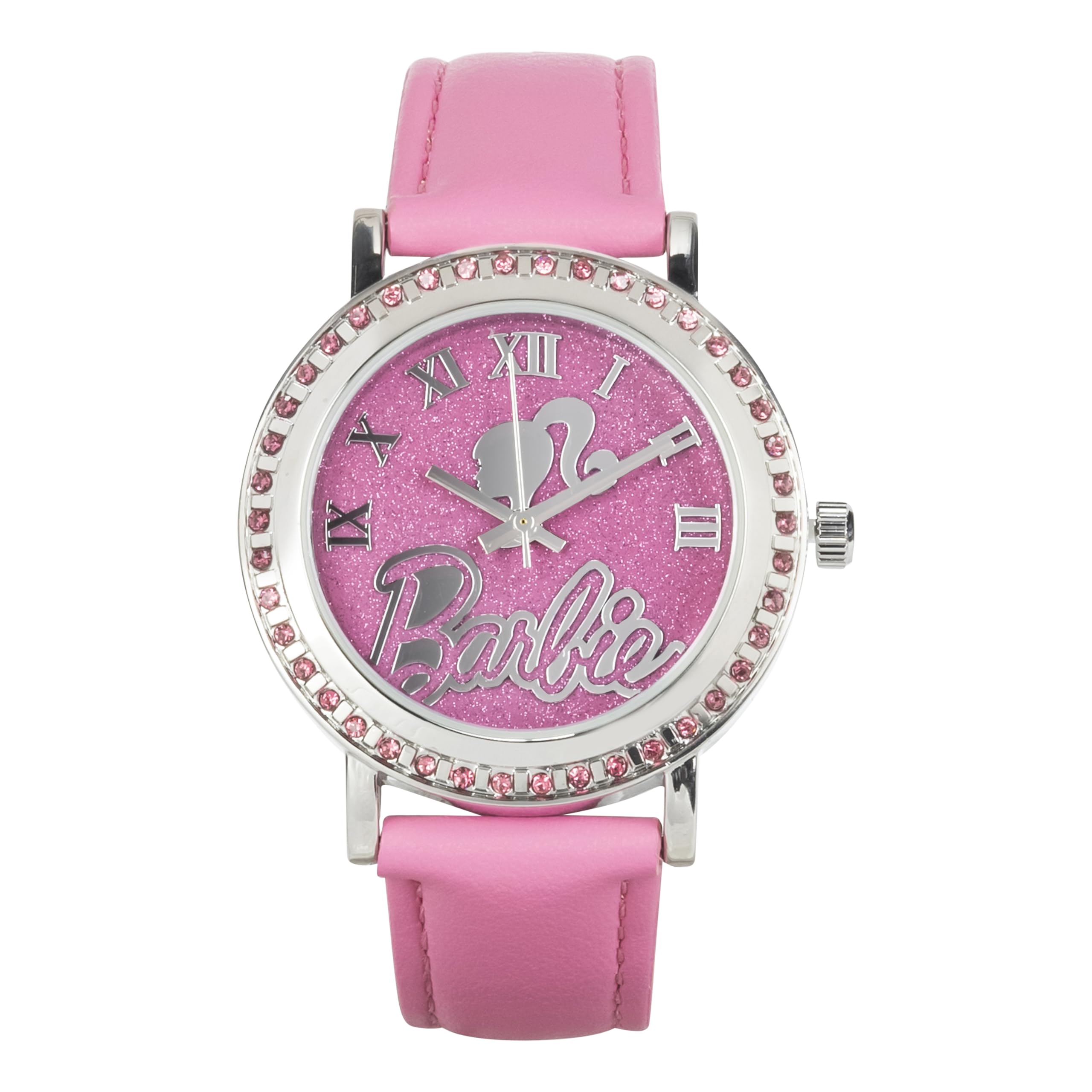 Accutime Barbie The Movie Womens Pink Analog Watch with Faux Leather Band Strap - Barbie The Movie Glitter Silhouette Pink Face (Model: BAR5017AZ)