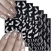 6 Sheets White Ribbons Nail Art Stickers Shiny Glitter French Lines Nails Decals Wedding Waves Curve Ribbon White Stripes Nail Designs Nail Art Supplies 3D Self Adhesive for Women Manicure Decoration