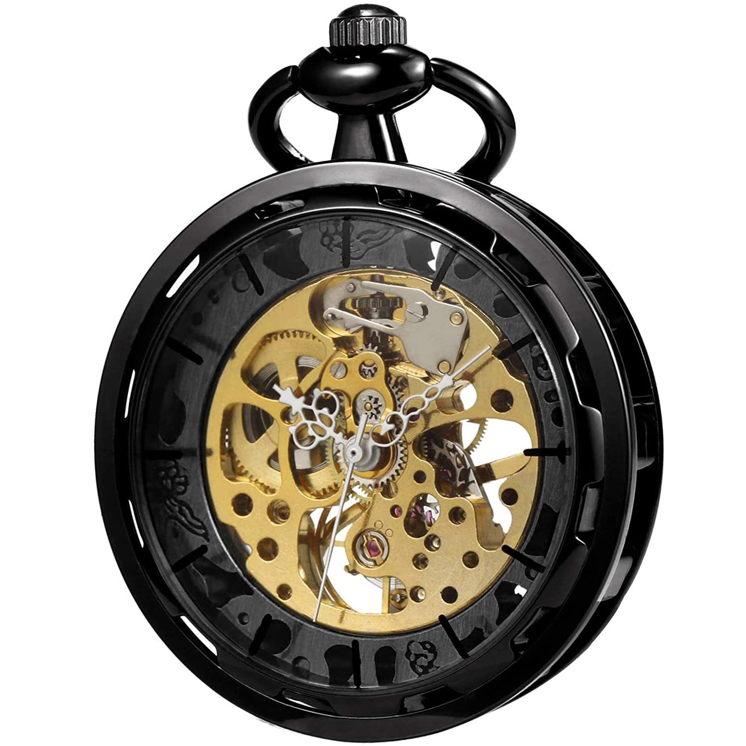 VIGOROSO Mens Classic Steampunk Pocket Watch Silver Skeleton Hand Wind Mechanical Watches in Box Mens Steampunk Pocket Watch with Chain Skeleton Manual Hand Wind Mechanical Watches for Men,