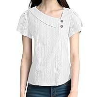 Women Tee Ruched Tops for Women Solid Color Button Patchwork Fashion Trendy with Short Sleeve Irregular Sleeve Blouses White Small