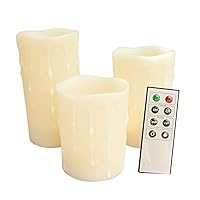 Unilution Wax Drip Effect Flameless Pillar Candles with Remote, Ivory, Set of 3