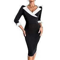 Women's Dress Contrast Collar Bodycon Dress - Elegant Colorblock Lapel Midi Dress