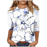 Summer Casual Womens 3/4 Sleeve Tunic Tops Printed Fashion 2024 Crewneck T-Shirt Three Quarter Length Tees Blouse