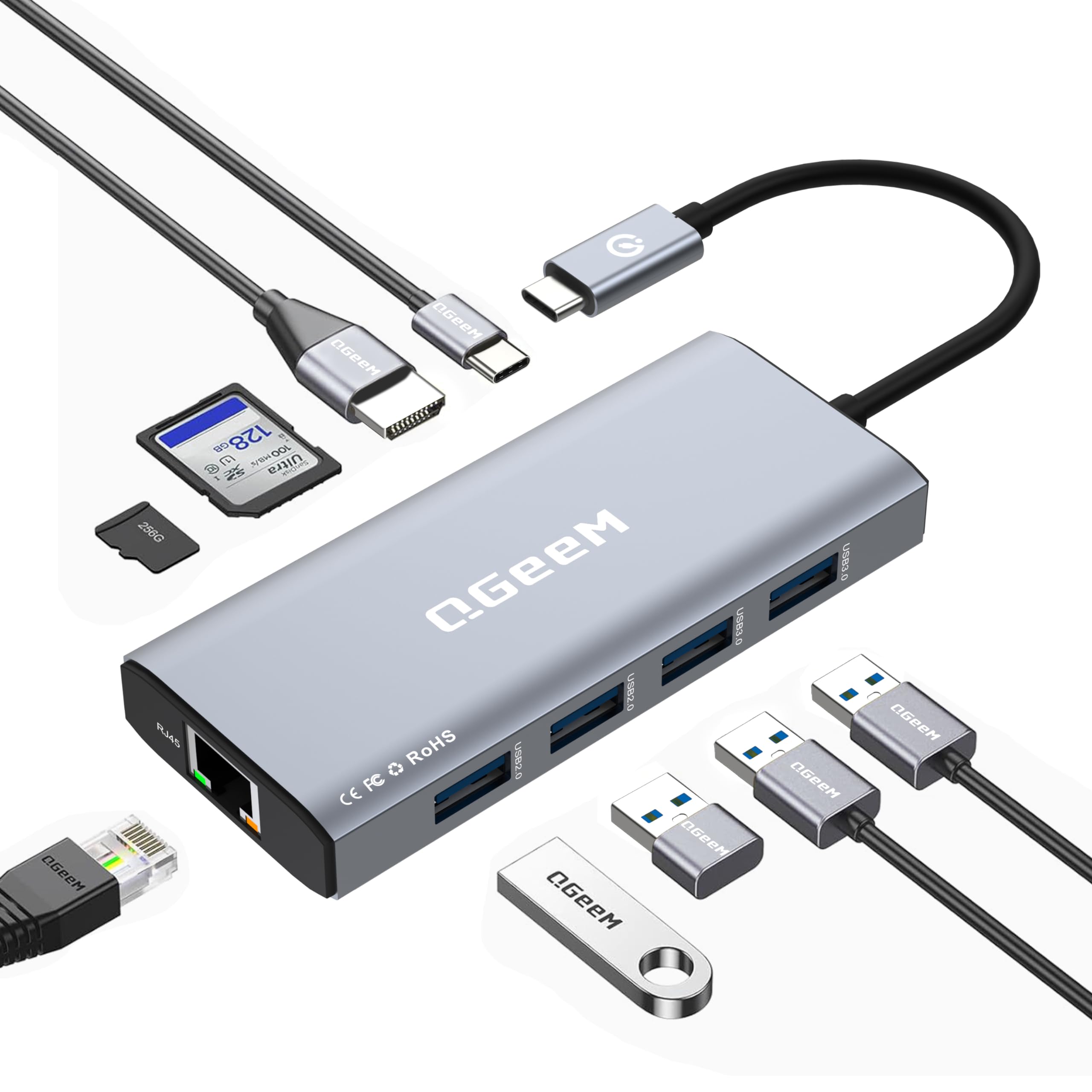QGeeM USB C Hub Ethernet,9-in-1 Docking Station with 4K HDMI,Card Reader,100W PD, USB 3.0/2.0, Gigabit Ethernet,USB C Dock Compatible with iPhone 15/Mac Book/Dell/HP/Surface/Steam Deck and More