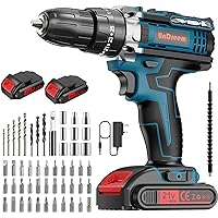 Cordless Drills, Electric Drill 21V Max Power Drill Impact Driver, Combi Drill Kit with 2 * 2000mAh Li-Ion Battery, 45 Nm Electric Screwdriver, 25+3 Torque, 57 Pieces Accessory Set