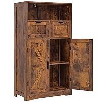 Floor Storage Cabinet with 2 Adjustable Drawers & 2 Barn Doors, Standing Cupboard with 2 Shelf, for Living Room, Home Office, Kitchen, Rustic Brown