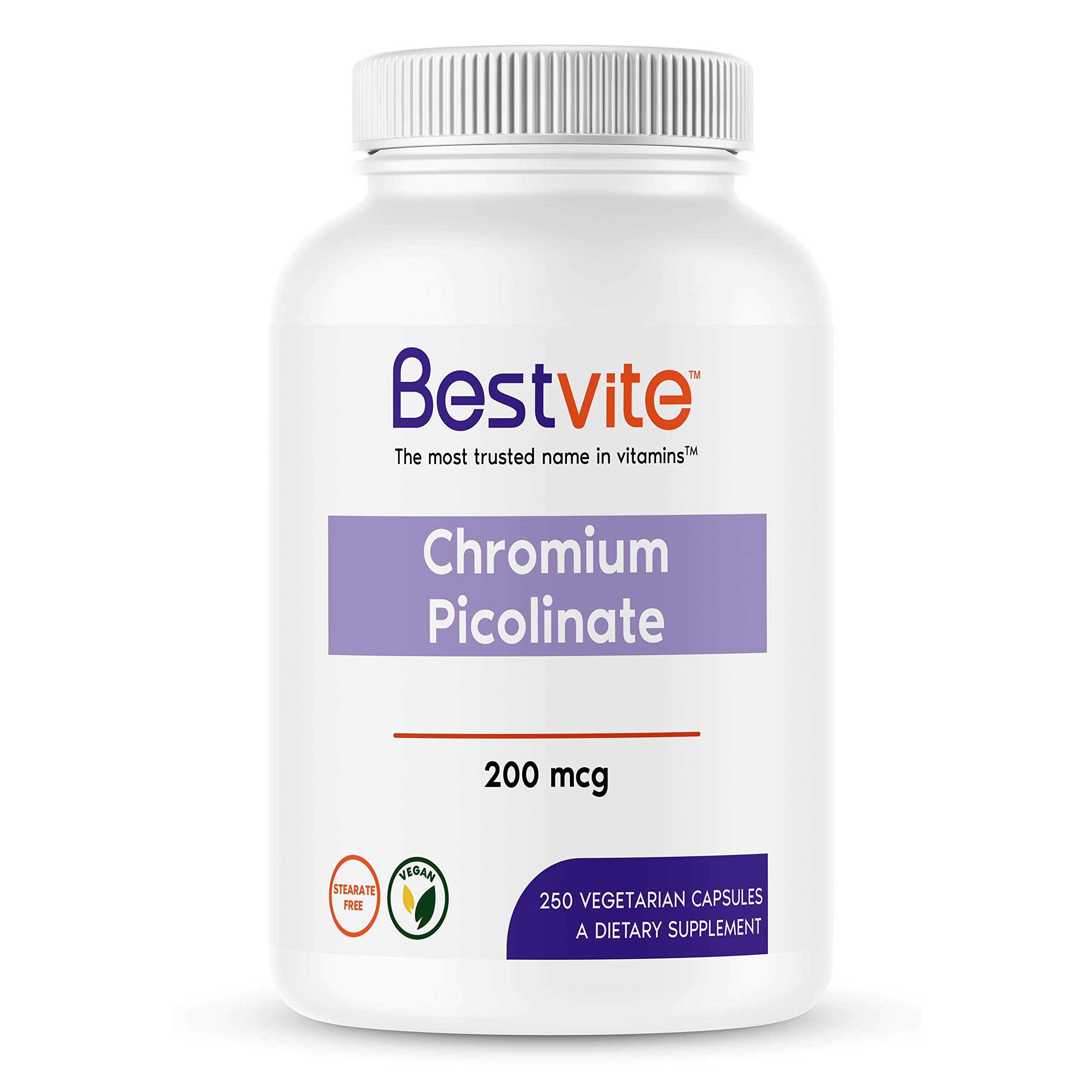 Bestvite Chromium Picolinate 200mcg (250 Vegetarian Capsules) - No Stearates - No Flow Agents - Vegan - Gluten Free - Non GMO