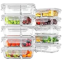10 Pack Glass Meal Prep Containers 2 Compartment, Food Storage Containers with Lids, Airtight Lunch Bento Boxes (10 lids & 10 Containers) - White