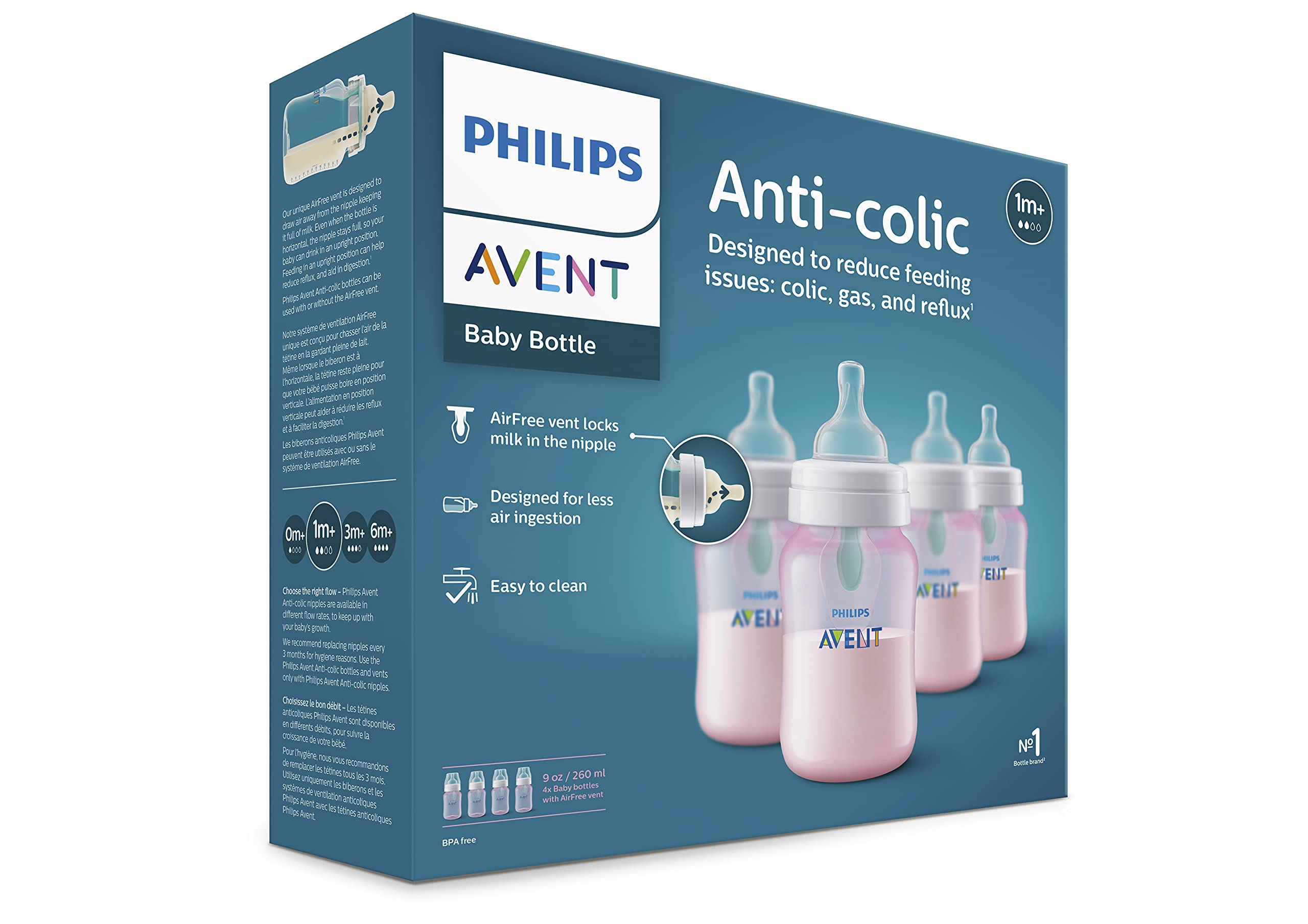 Philips AVENT Anti-Colic Baby Bottles with AirFree Vent, 9oz, Pink, Pack of 4, SCY703/14