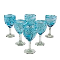 NOVICA Blue Hand Blown Glass Wine Glasses, 12 Oz, Whirling Aquamarine' (Set Of 6), Large