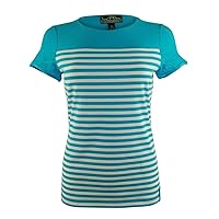 Active Women's Short Sleeve Striped Mesh Yoke Top-TW-S Turquoise/White