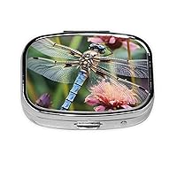 Dragonfly Insects Flowers Print Pill Box with 2 Compartment Round Pill Case Portable Travel Pillbox Small Medicine Organizer for Pocket Purse Vitamins