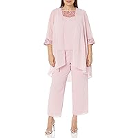 Le Bos Women's Plus Size 3-Piece Pant Set with Lace Accents and Elegant Chiffon Cardigan