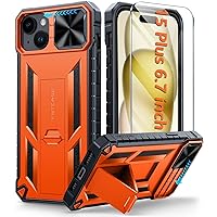 FNTCASE for iPhone 15 Plus Case: Heavy Duty Shockproof Cover with Kickstand | Rugged Military Grade Drop Proof Protection Matte Textured TPU Protective Sturdy Phone Shell Orange