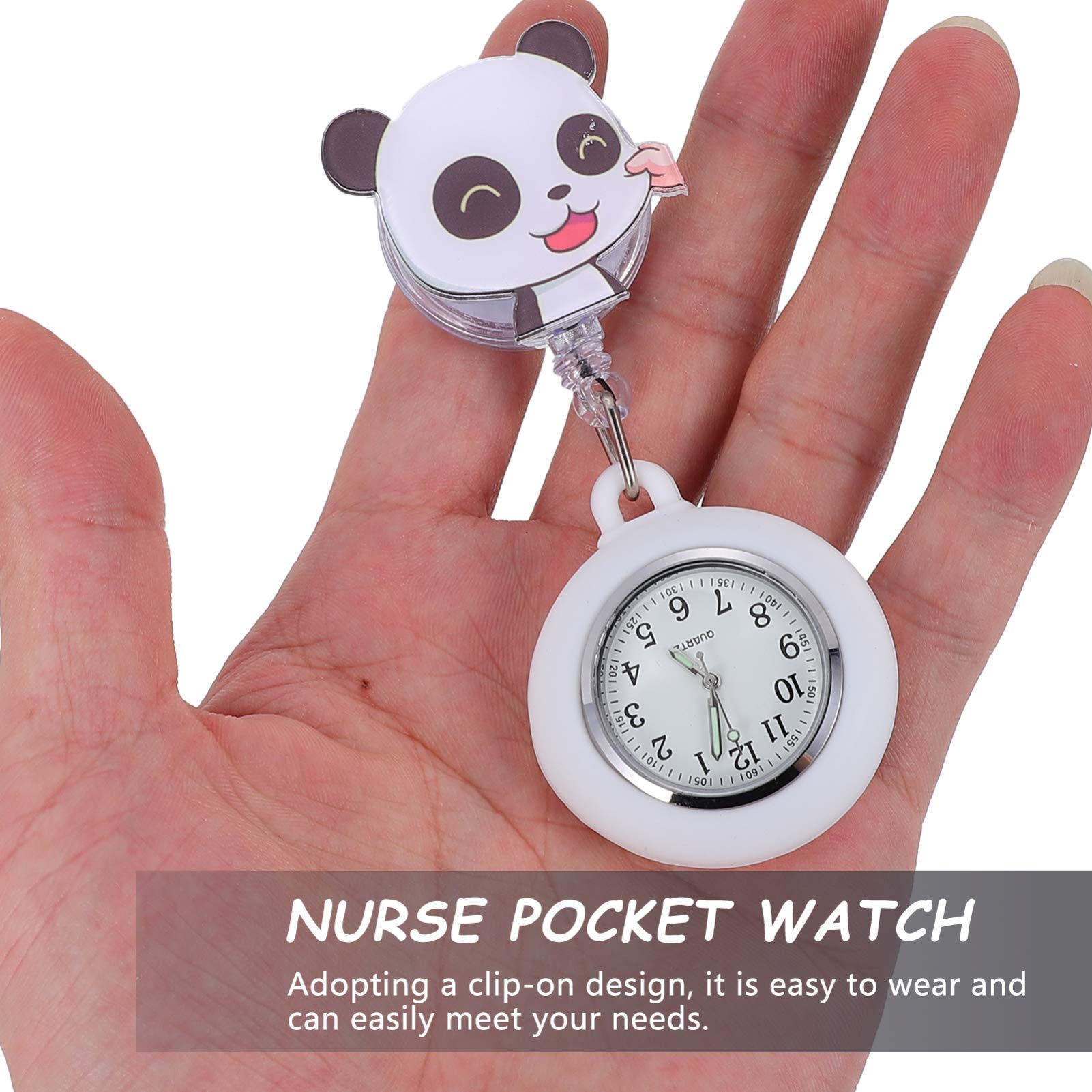 Hemobllo Nurse Lapel Watch Doctor Clip on Retractable Cartoon Panda Pattern Silicone Cover Badge Fob Watch