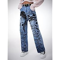 Jeans for Women- Figure Graphic Straight Leg Jeans Without Belt (Color : Light Wash, Size : X-Large)